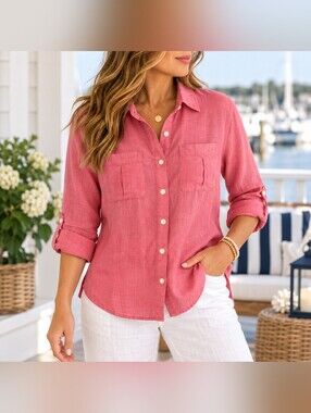 Investments Gold Label 100% Linen Shirt Womens 8 Pink Button Down Coastal Preppy